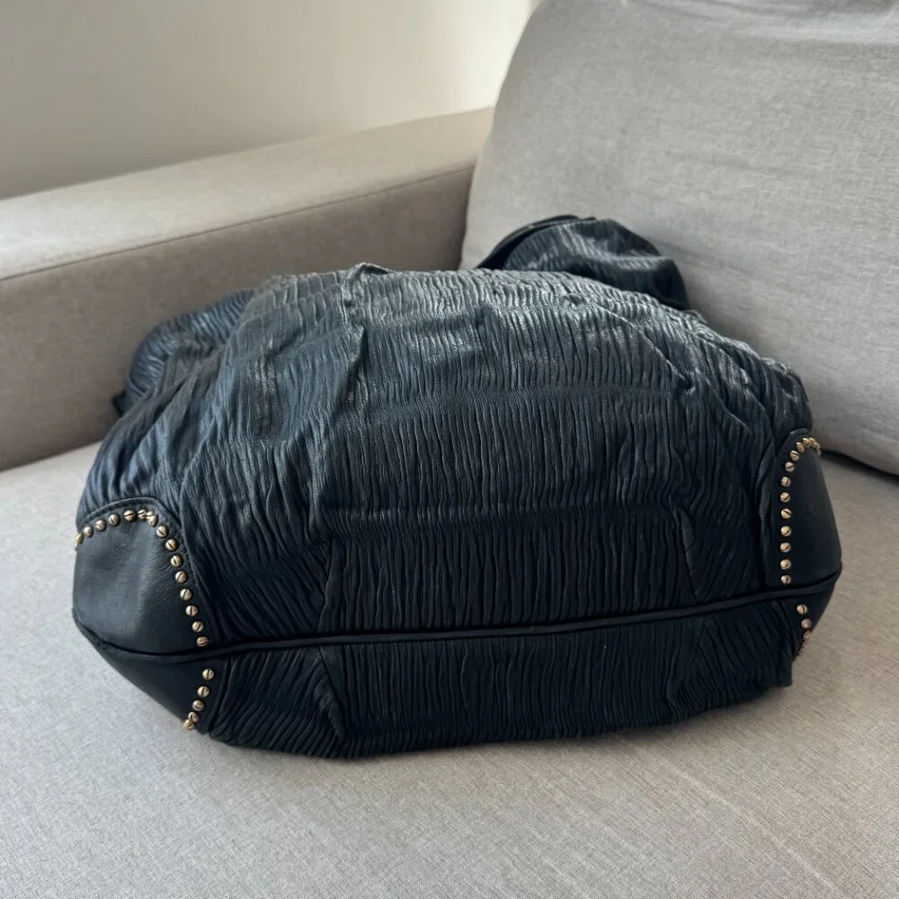 Burberry Prorsum Black Leather Crinkle Texture Large Tote Shoulder Hobo Bag Gold